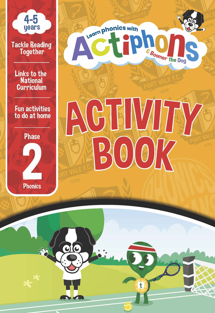 PVFC and Boomer the Dog featuring the Actiphons and Timmy Tennis phase 2 phonics activity book cover on a yellow PVFC logo background