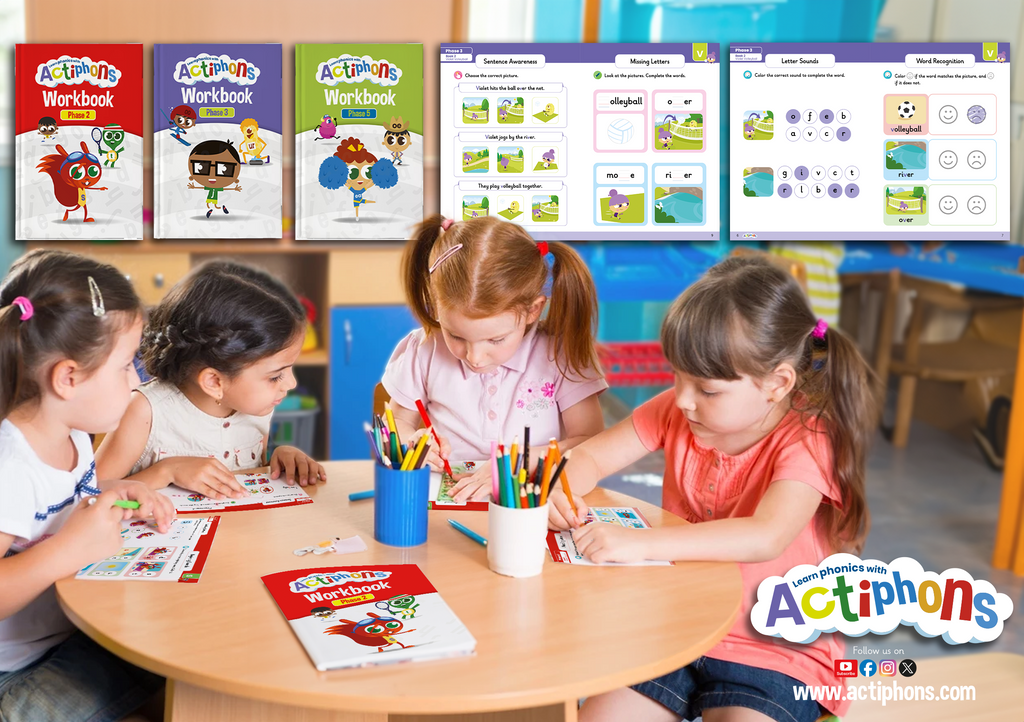 Learn Phonics with Actiphons children sitting at a school table completing their Actiphons workbooks