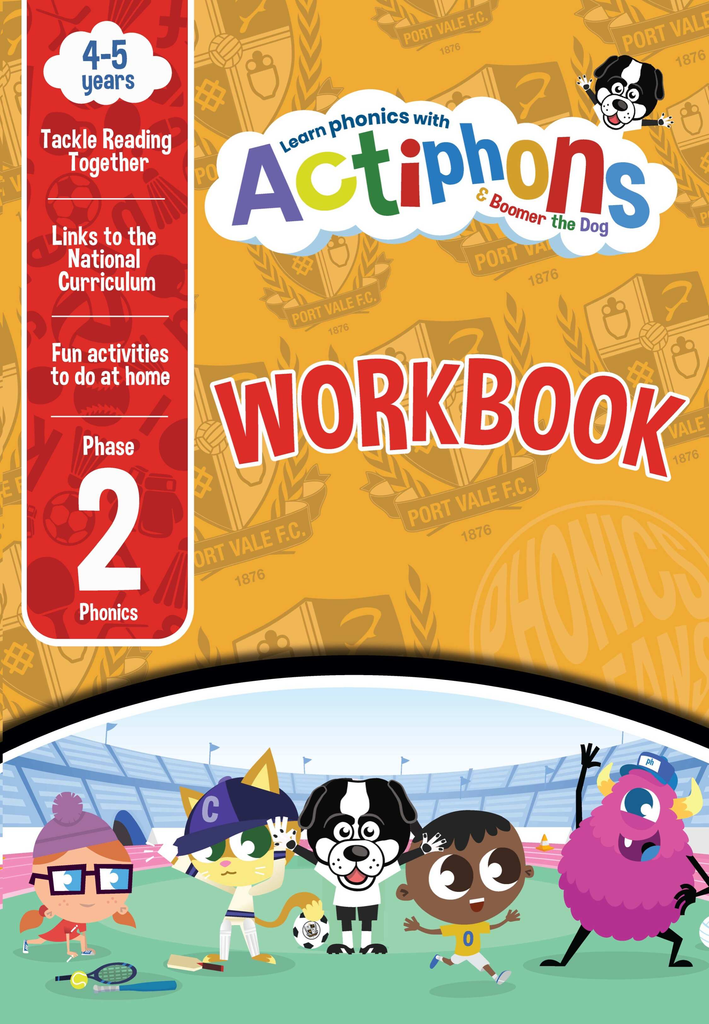 PVFC and Boomer the Dog featuring the colourful Actiphons characters phase 2 phonics activity workbook cover on an organge PVFC logo background