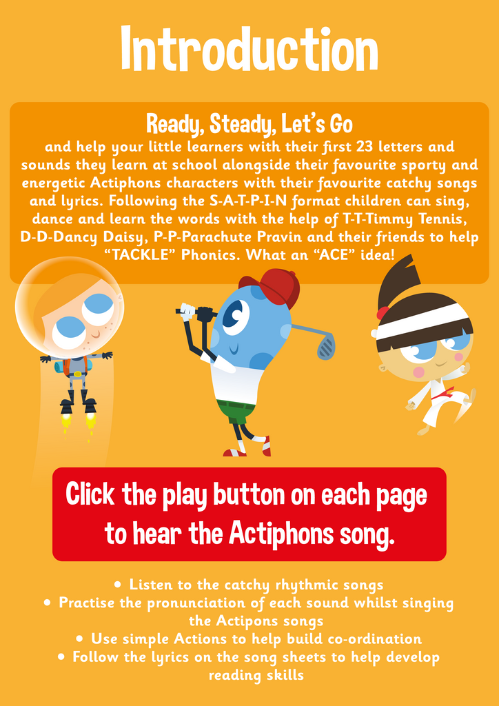 Learn Phonics with Actiphons Sing and Dance Phase 2 Introduction page with Blast-off Raff, Gordon Golfer and Karate Kim