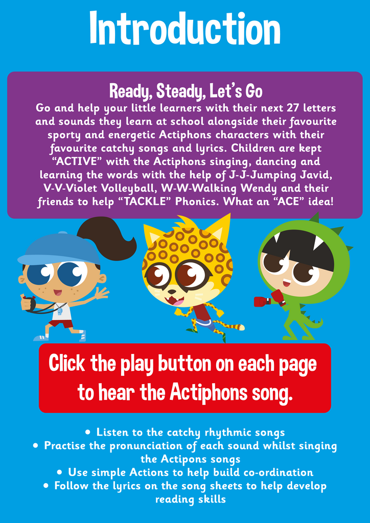 Learn Phonics with Actiphons Sing and Dance Phase 3 Introduction page with Lorna Sport, Quincy Quick and Boxing Max