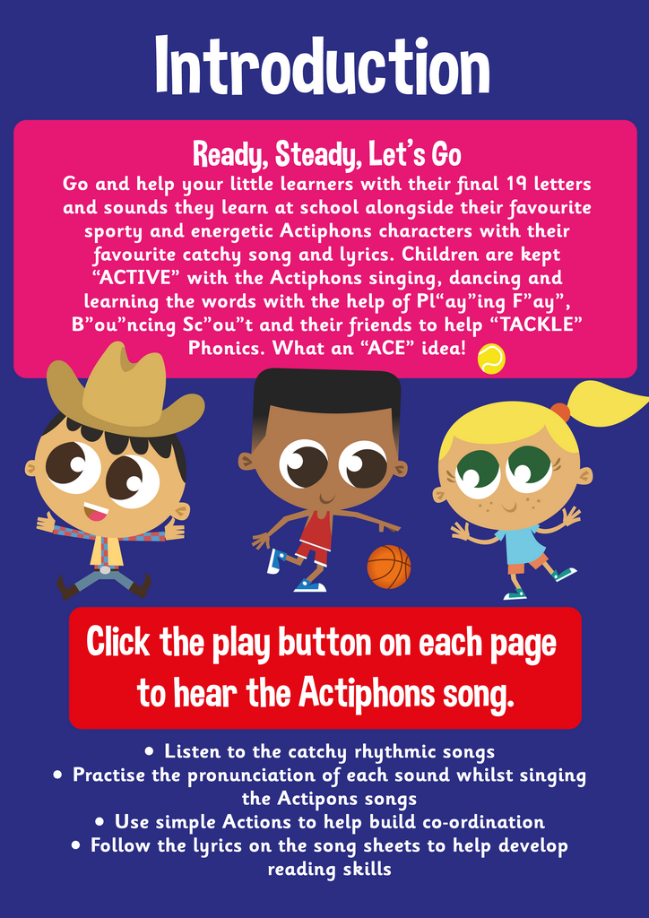 Learn Phonics with Actiphons Sing and Dance Phase 5 Introduction page with Hoedown Joe, Bouncing Scout and Playing Fay