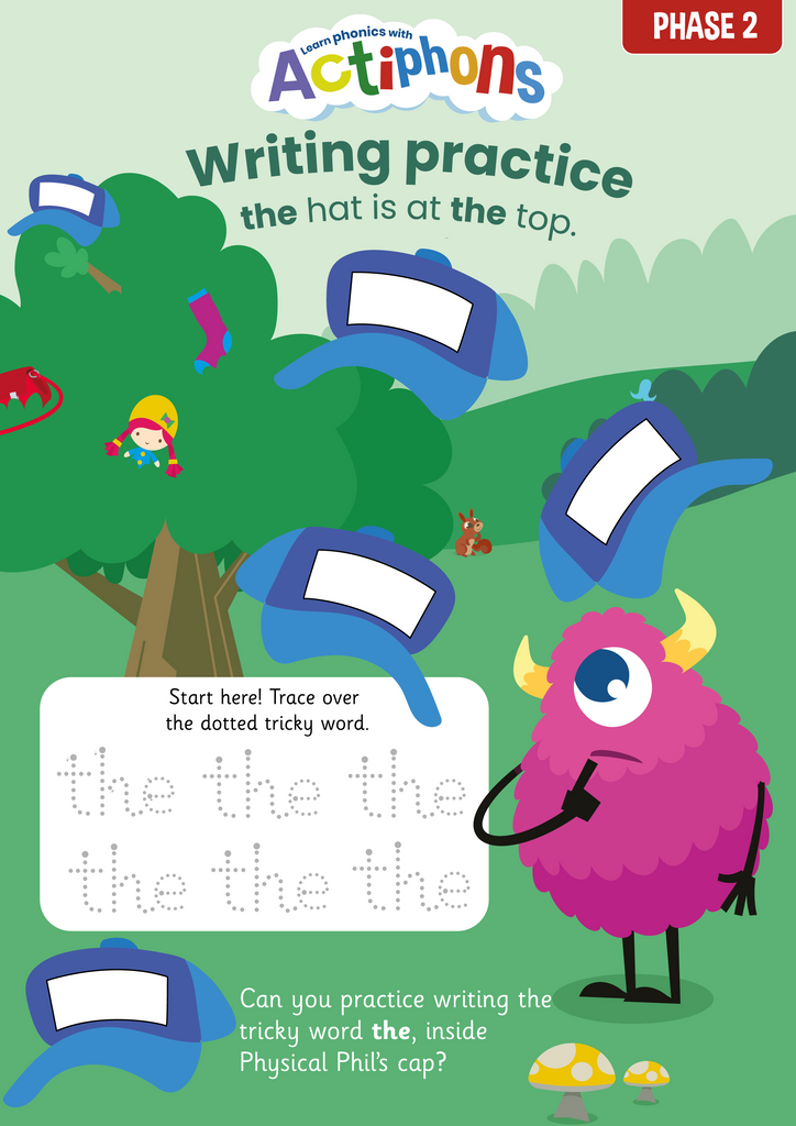 Actiphons tricky words Phase 2 writing practice 'the' activity sheet