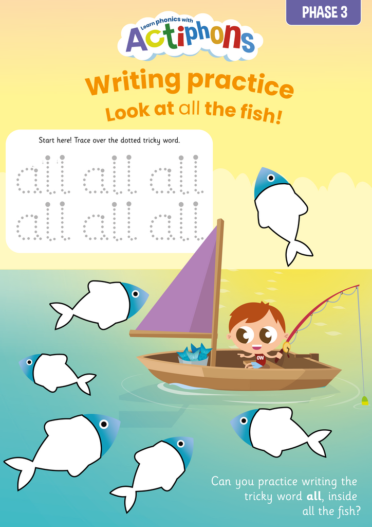 Actiphons tricky words Phase 3 writing practice 'all' activity sheet