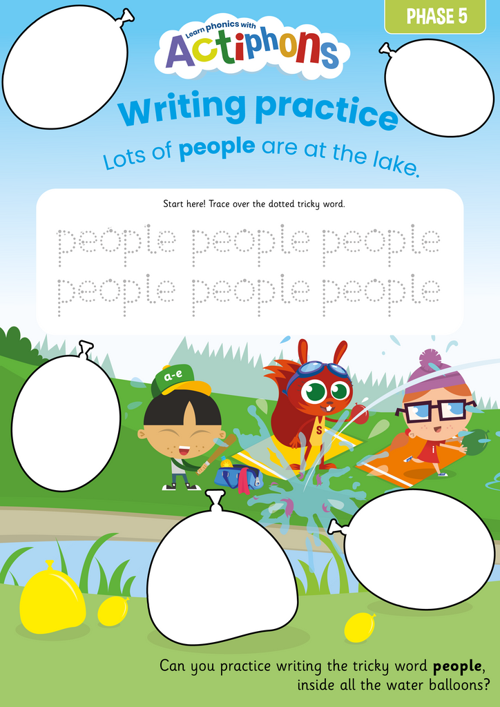 Actiphons tricky words Phase 5 writing practice 'people' activity sheet