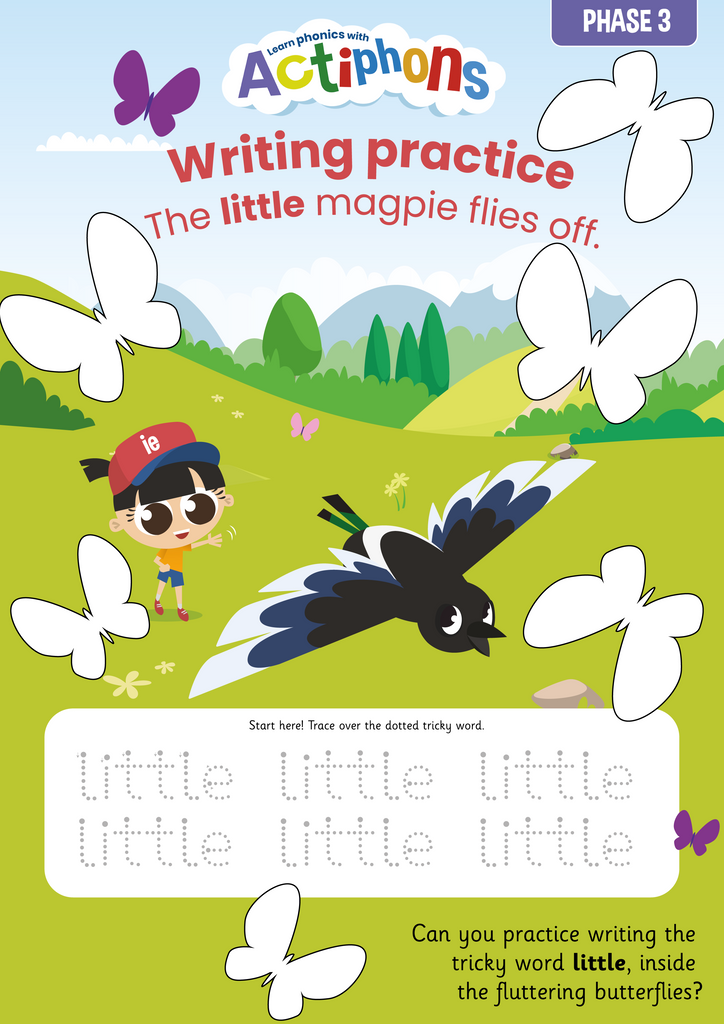 Actiphons tricky words Phase 3 writing practice 'little' activity sheet