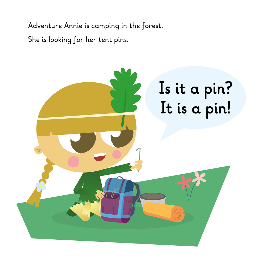 Learn phonics with Actiphons Adventure Annie reading book page 1 Adventure Annie camping in the forest looking for her tent pins