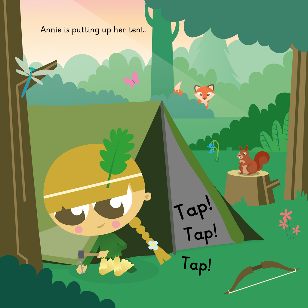 Learn phonics with Actiphons Adventure Annie reading book  page 2 Adventure Annie putting up her tent in the forest