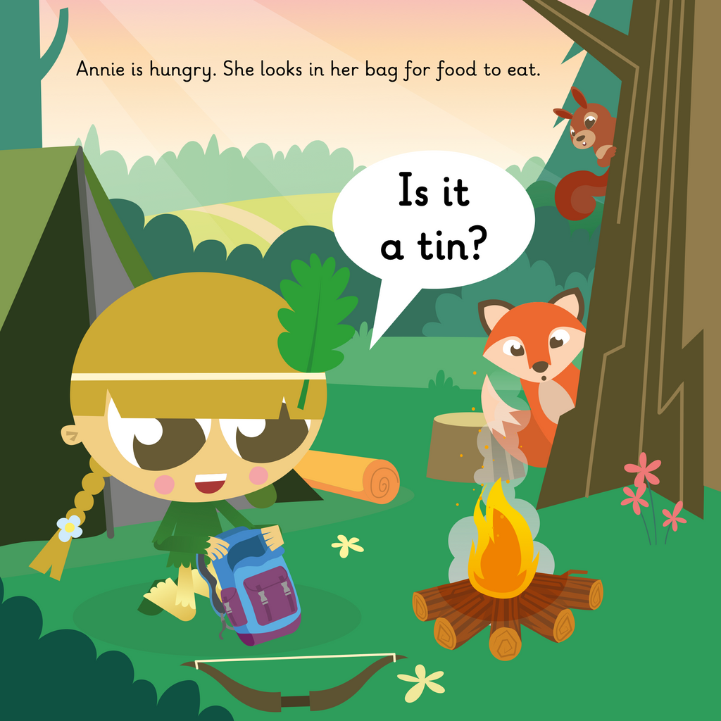 Learn phonics with Actiphons Adventure Annie reading book page 3  Adventure Annie looking in her bag for food to eat whilst camping in the forest