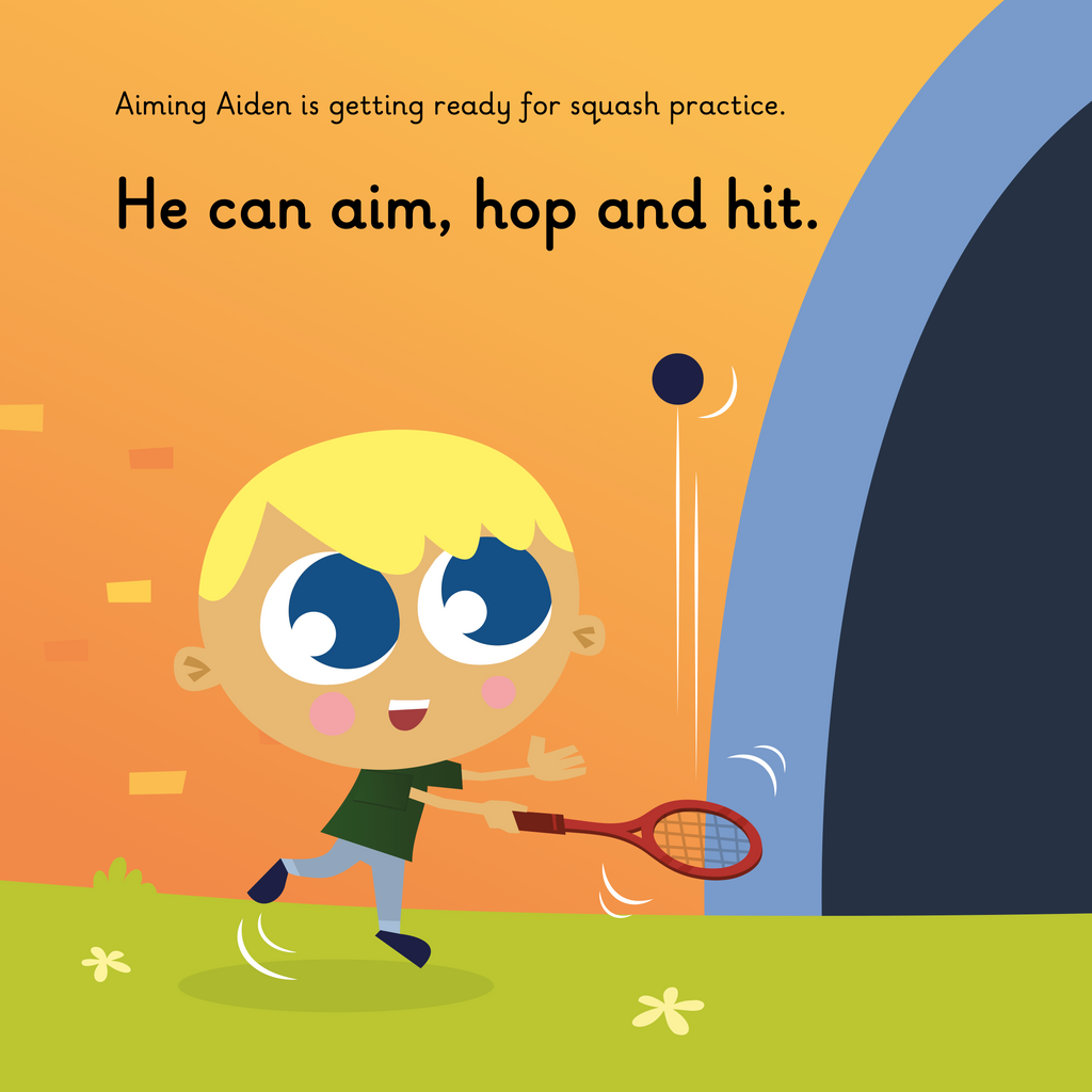 Learn phonics with Actiphons Aiming Aiden reading book page 1 Aiming Aiden hitting a squash ball on his squash racket outside Active Arena