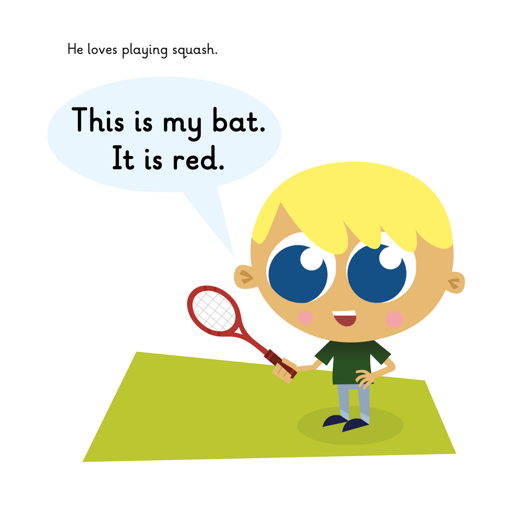 Learn phonics with Actiphons Aiming Aiden reading book page 2 Aiming Aiden holding his red squash racket