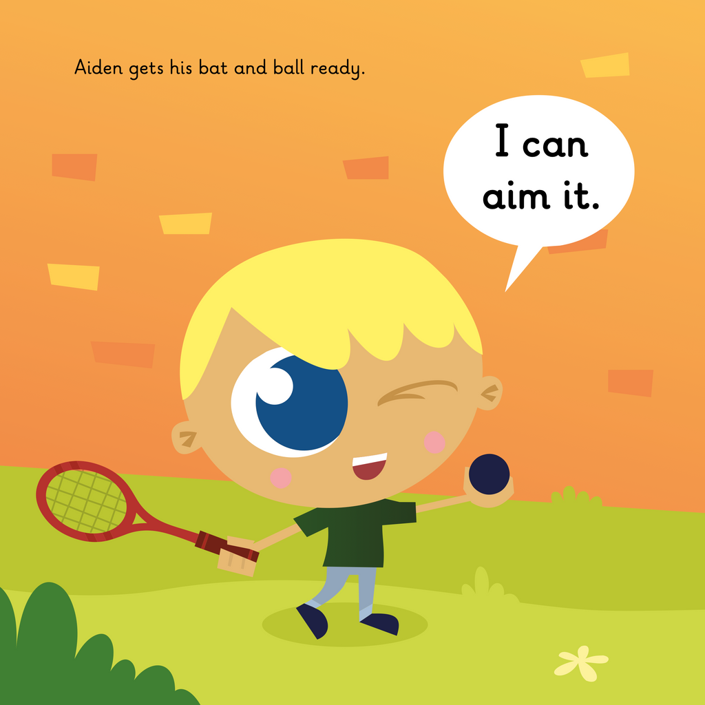 Learn phonics with Actiphons Aiming Aiden reading book page 3 Aiming Aiden hitting his squash ball against the Active Arena wall with his red squash racket