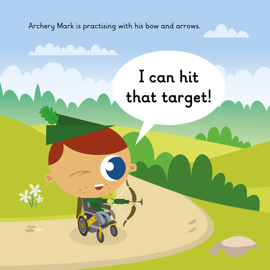 Learn phonics with Actiphons Archery Mark reading book page 1 Archery Mark practising his target shooting with his bow and arrow