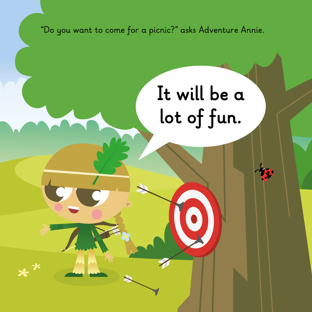 Learn phonics with Actiphons Archery Mark reading book page 2 Adventure Annie standing next to a target with arrows on shot by Archery Mark