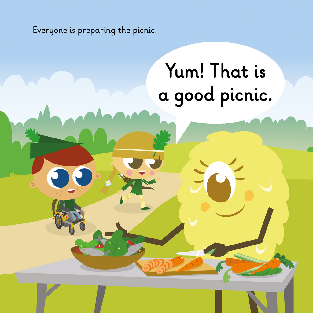 Learn phonics with Actiphons Archery Mark reading book page 3 Archery Mark is with Adventure Annie and Netball Nelly preparing for a picnic chopping some salad