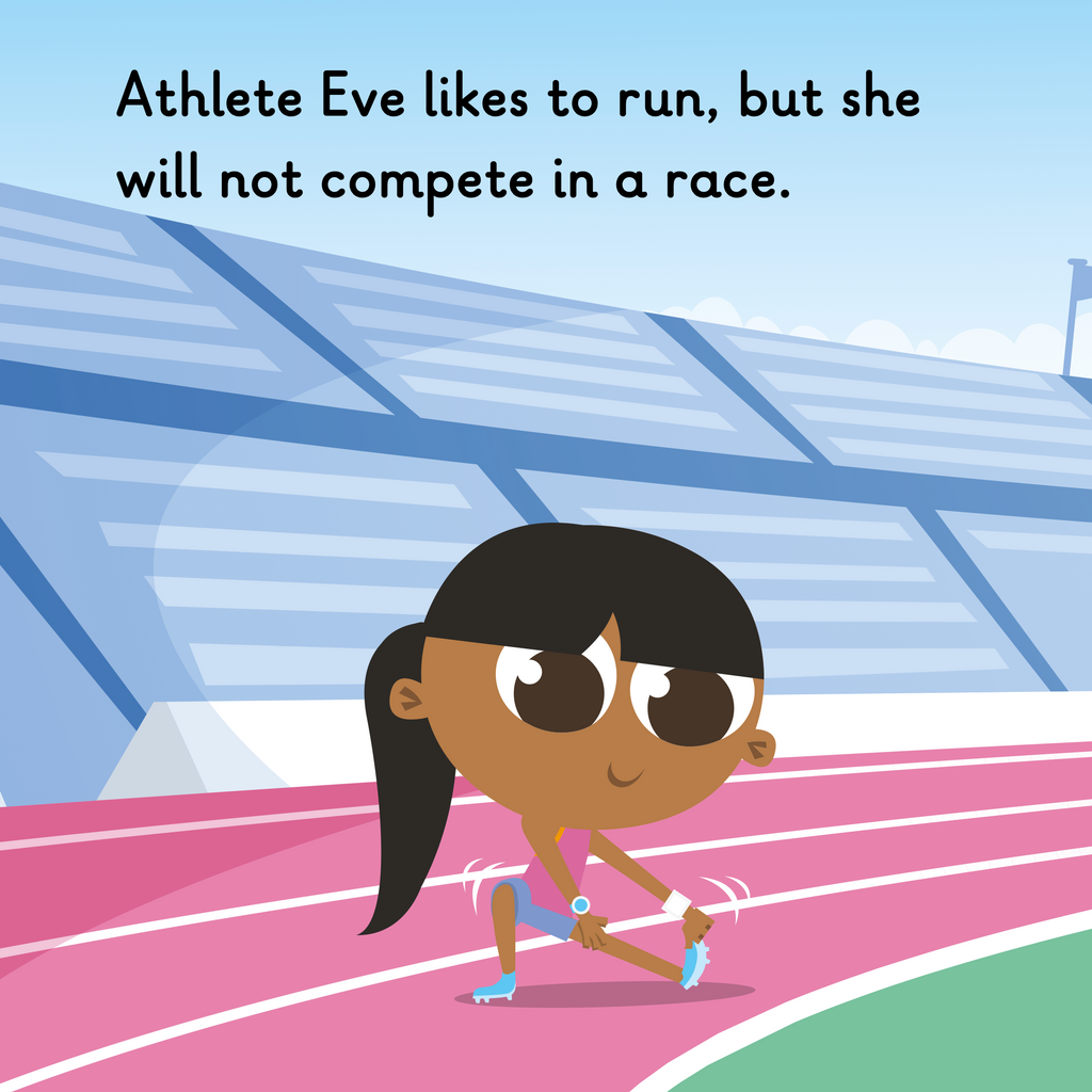 Learn phonics with Actiphons Athlete Eve reading book page 1 Athlete Eve is stretching her legs inside the Active Arena