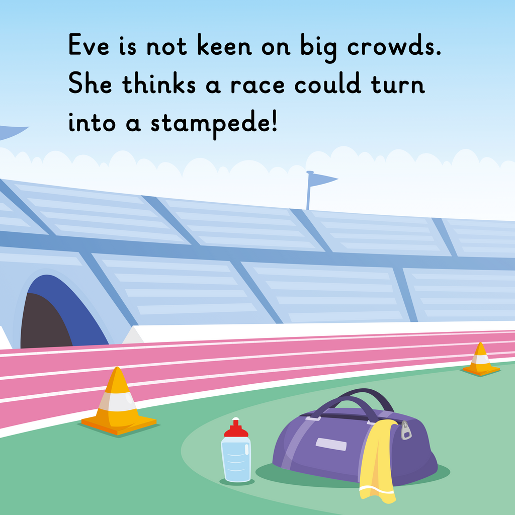 Learn phonics with Actiphons Athlete Eve reading book page 2 Athlete Eve has brought her big sports bag, water bottle and some cones to the Active Arena