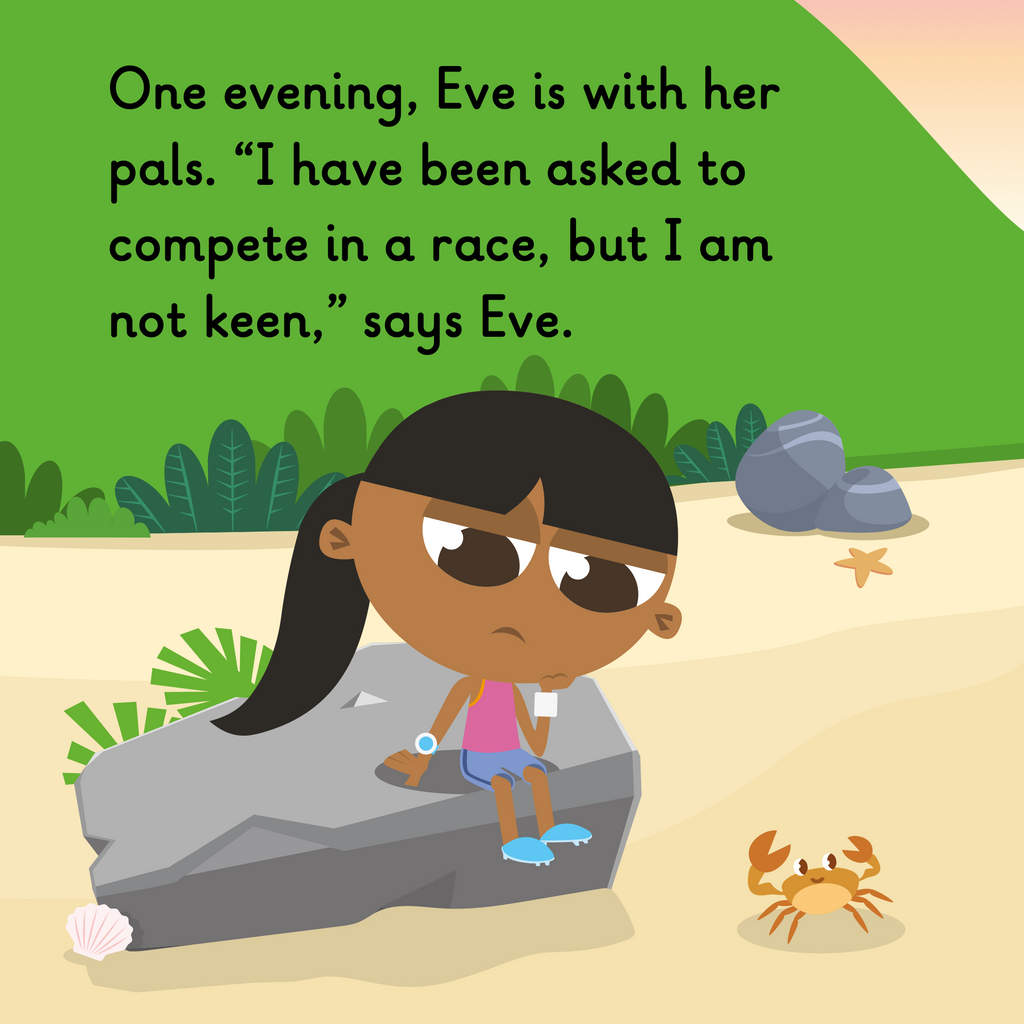 Learn phonics with Actiphons Athlete Eve reading book page 3 Athlete Eve is sat on a rock at the beach thinking about competing in a race when a crab crawls past