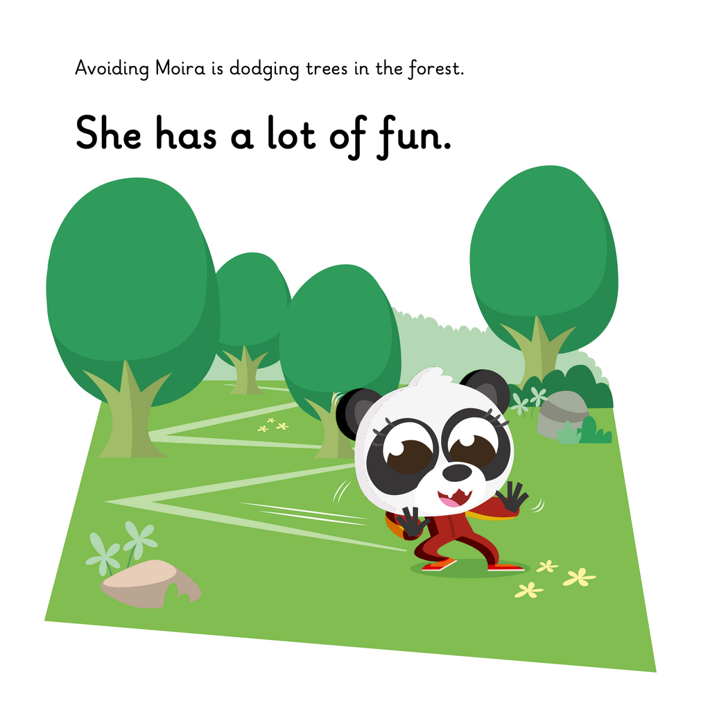 Learn phonics with Actiphons Avoiding Moira reading book page 1 Avoiding Moira is dodging tress racing through the forest wearing her red running suit 