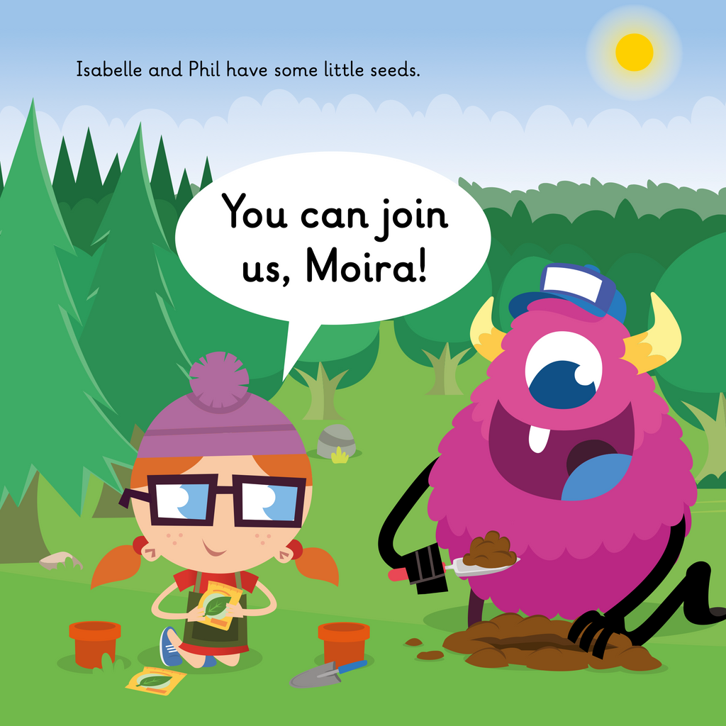 Learn phonics with Actiphons Avoiding Moira reading book page 3 Avoiding Moira and Physical Phil are planting some little seeds in the forest 