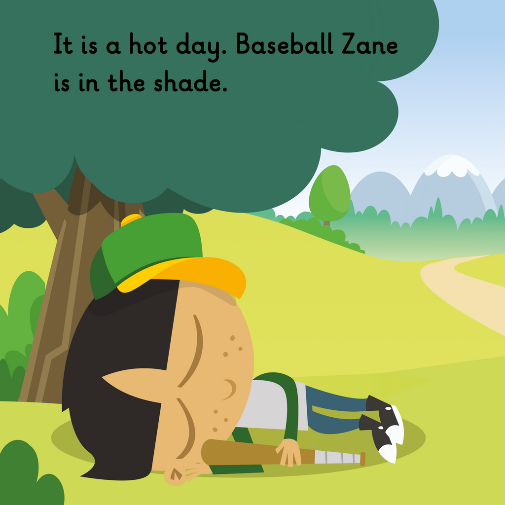 Learn phonics with Actiphons Baseball Zane reading book page 1 Baseball Zane is having a lie down underneath a tree sleeping with his baseball bat as it's a hot sunny day