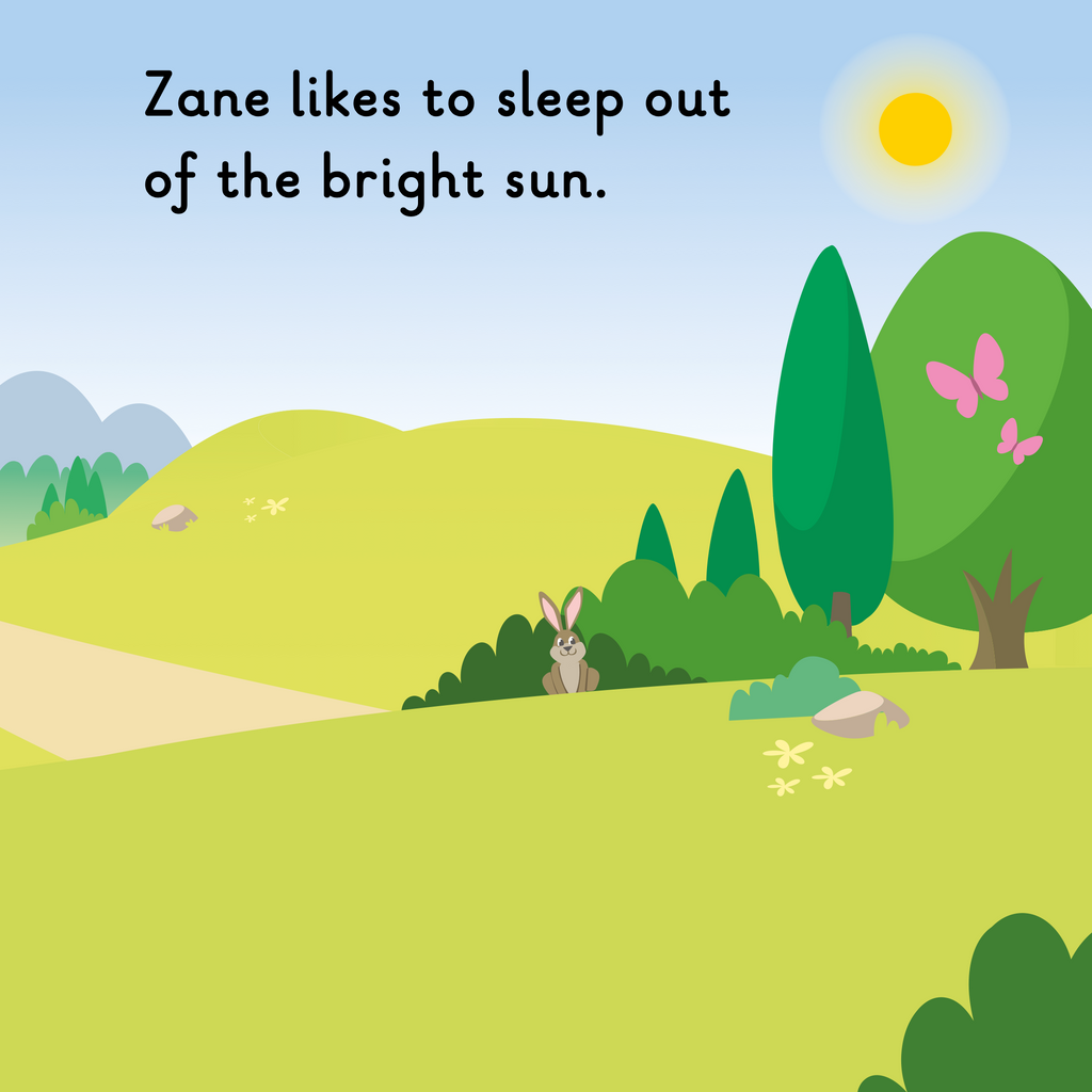 Learn phonics with Actiphons Baseball Zane reading book page 2 A sunny meadow with a rabbit and butterflies next to some trees