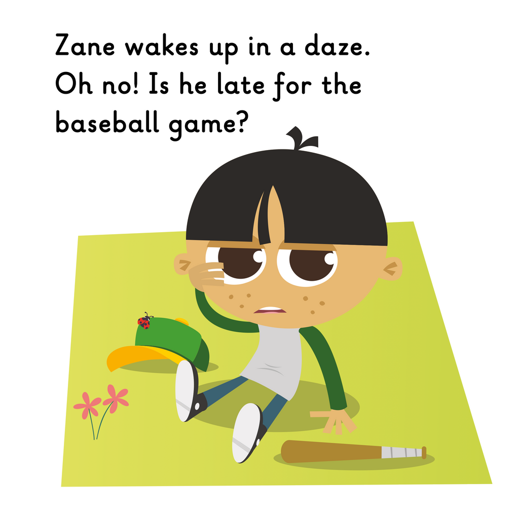 Learn phonics with Actiphons Baseball Zane reading book page 3 Baseball Zane wakes up on his rug with his baseball bat and favourite hat realising he's late for a baseball game
