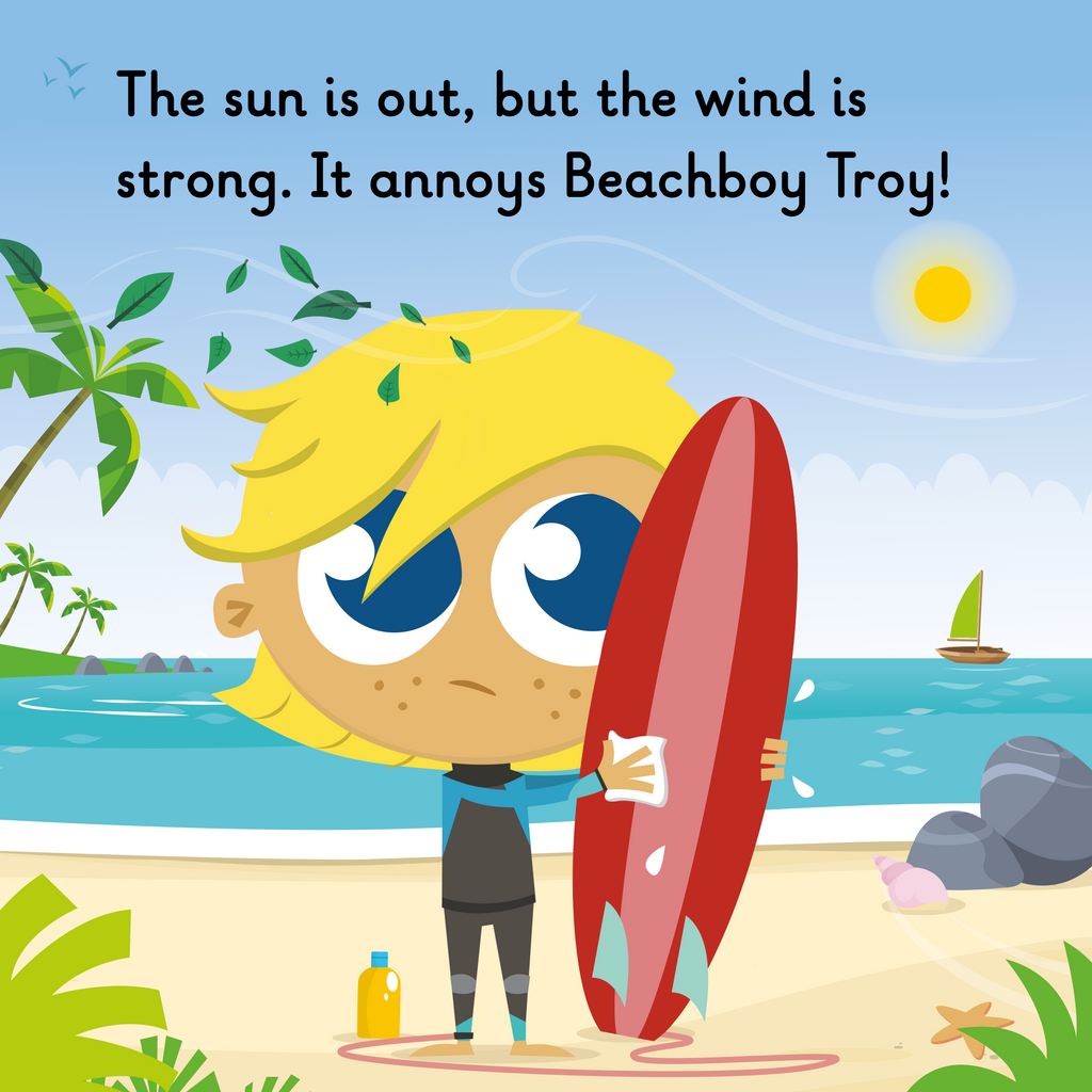 Learn phonics with Actiphons Beachboy Troy reading book page 1 Beachboy Troy is standing with his surf boarding cleaning it on the beach but it's a very sunny but windy day 