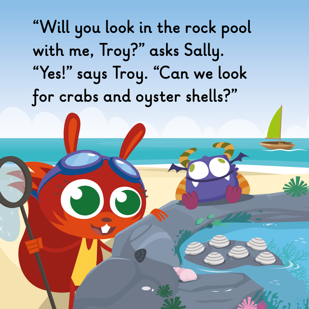 Learn phonics with Actiphons Beachboy Troy reading book page 3 Swimming Sally is at a rock pool with her fishing net and favourite monster toy
