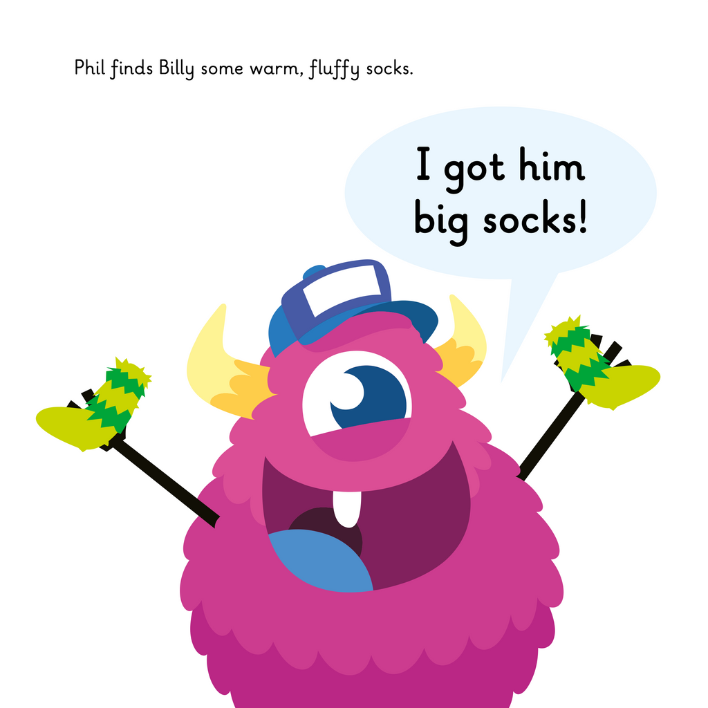 Learn phonics with Actiphons Billy Basketball reading book page 3 Physical Phil finding some warm fluffy socks for an unwell Billy Basketball