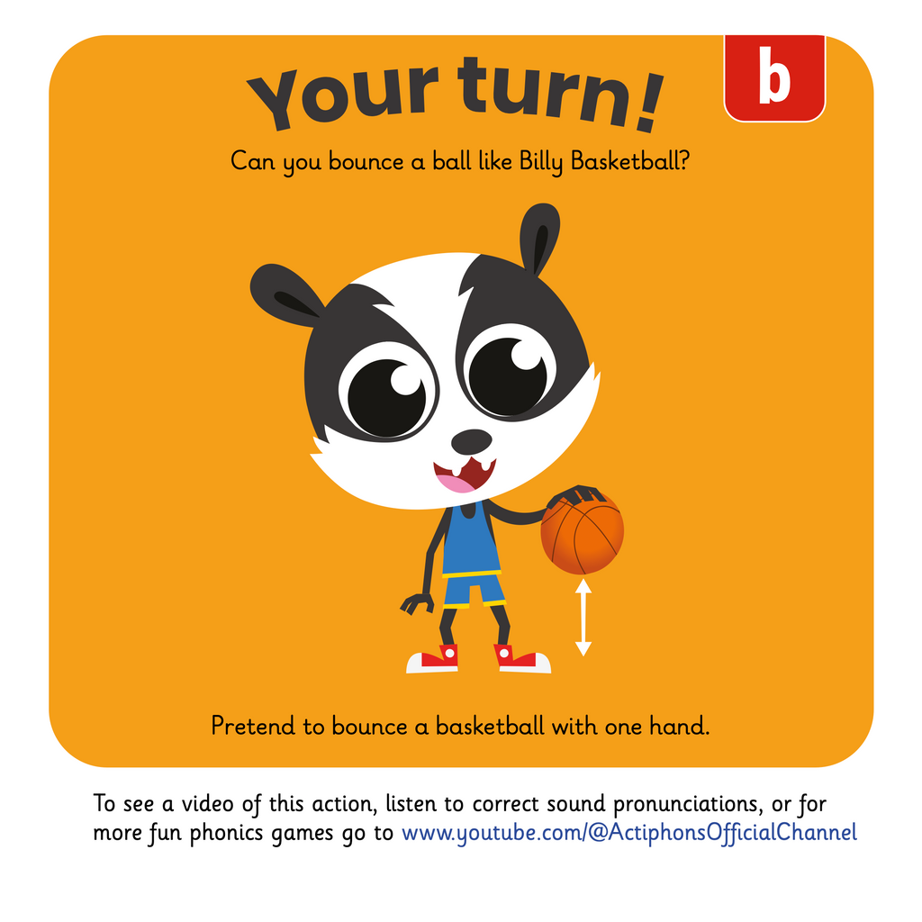 Learn phonics with Actiphons Billy Basketball 'b' sound reading book Your Turn page showing children how to bounce a ball in one hand  like Billy Basketball