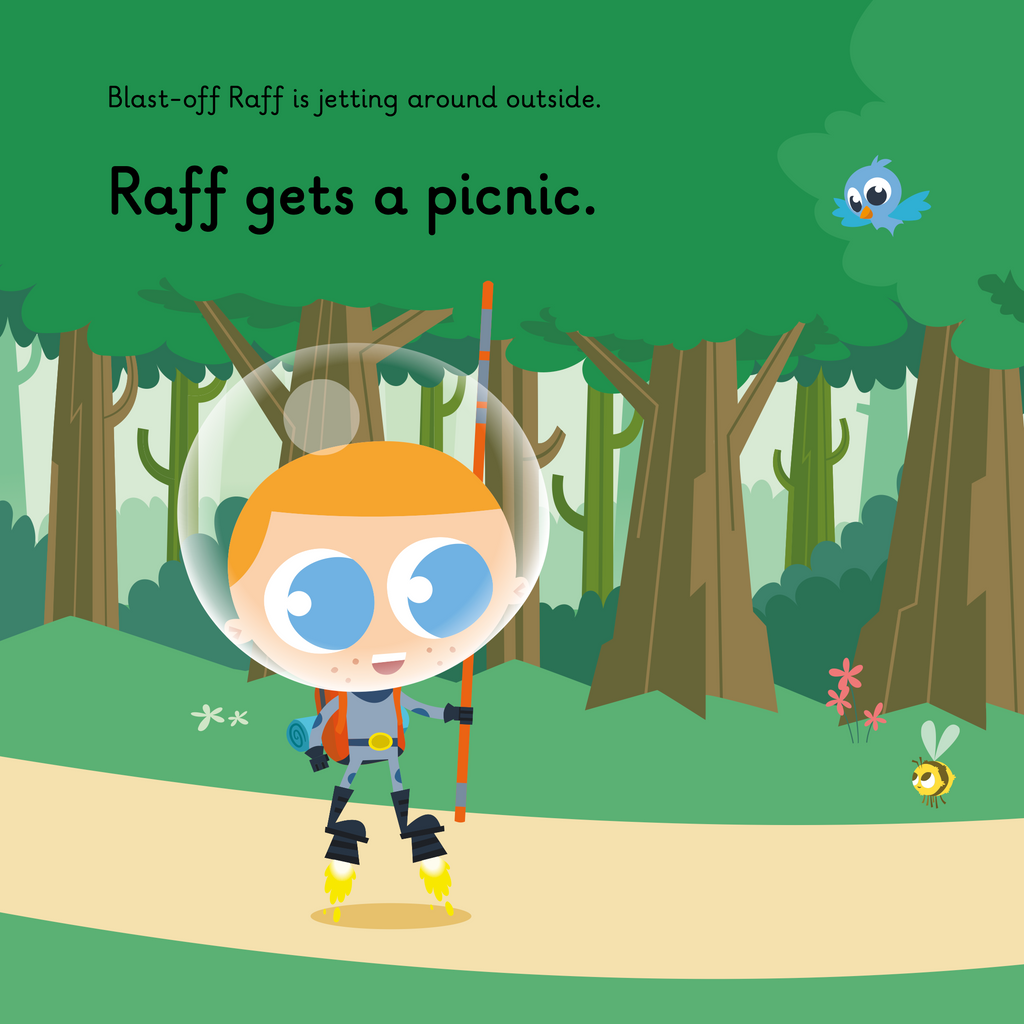 Learn phonics with Actiphons Blast-off Raff reading book page 1 Blast-off Raff in the forest on his way to a picnic