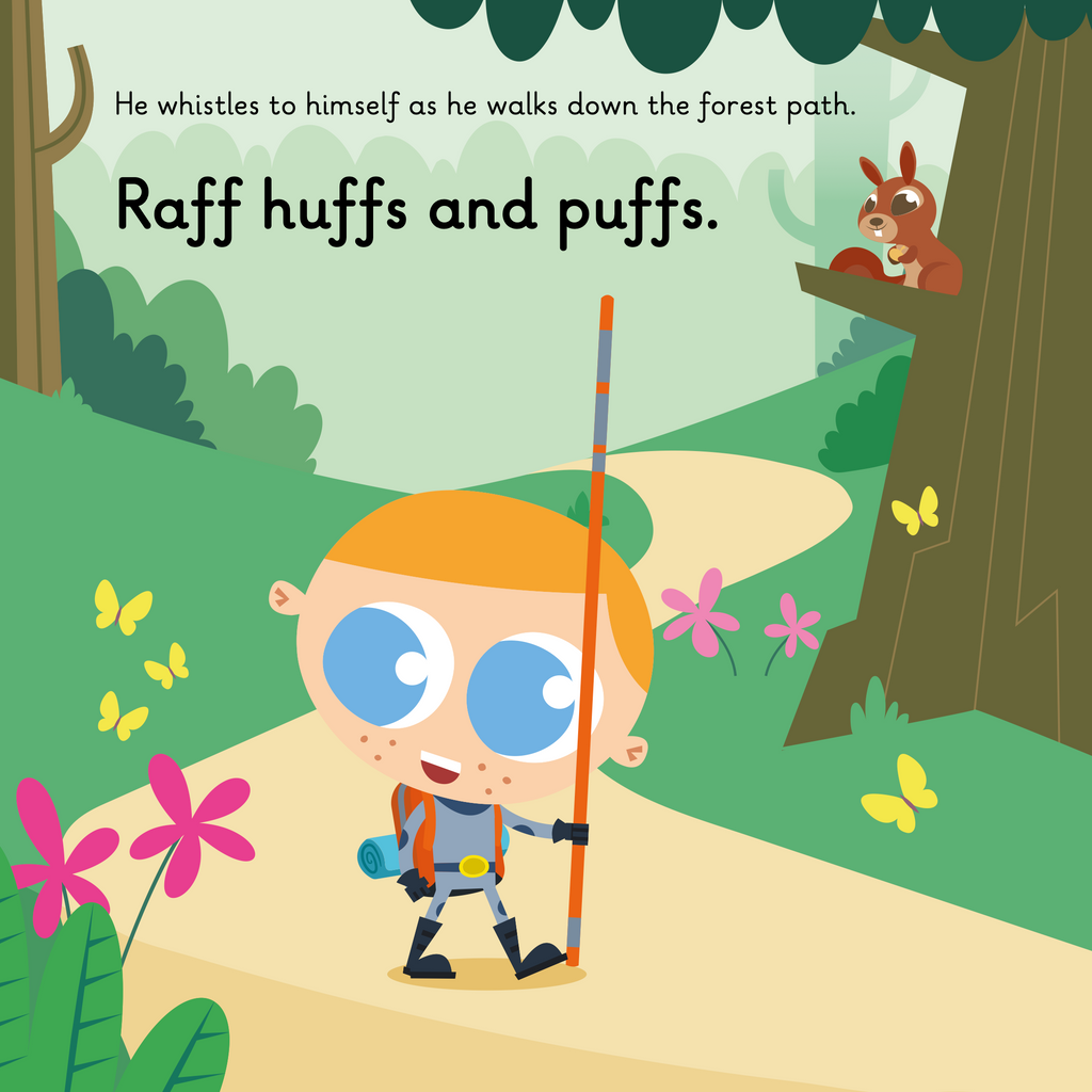 Learn phonics with Actiphons Blast-off Raff reading book page 3 Blast-off Raff walking through the forest going past a squirrel in the trees