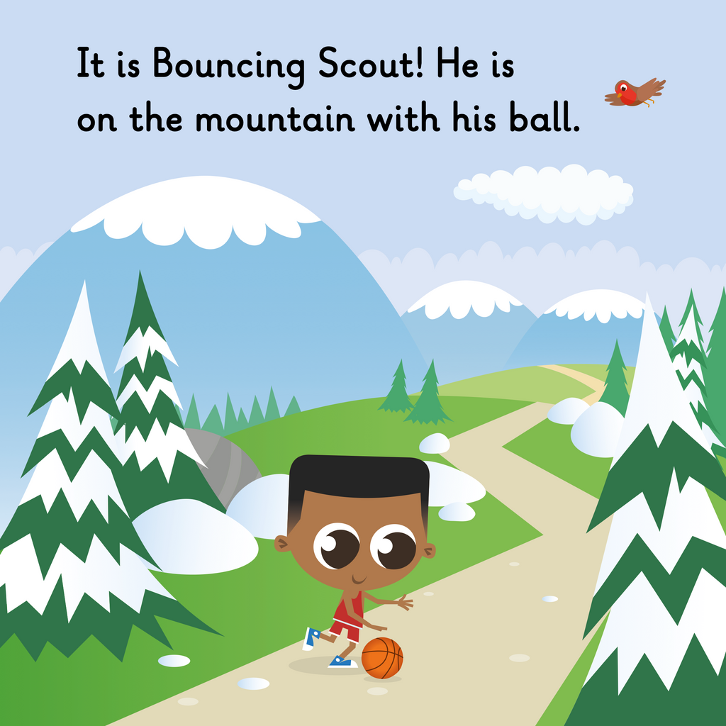 Learn phonics with Actiphons Bouncing Scout reading book page 1 Bouncing Scout is bouncing his basketball through the snowy covered trees wearing his favourite red basketball vest