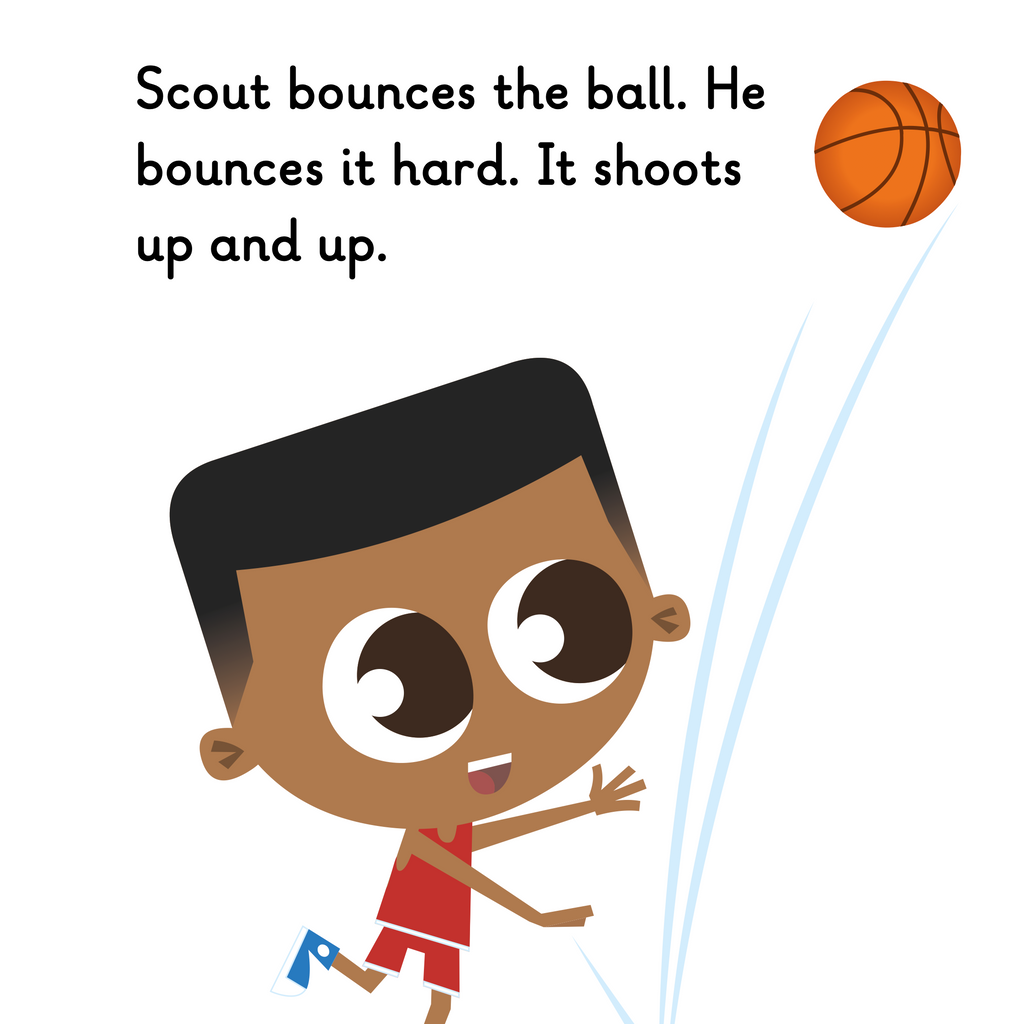 Learn phonics with Actiphons Bouncing Scout reading book page 2 Bouncing Scout is bouncing his orange basketball high up into the air