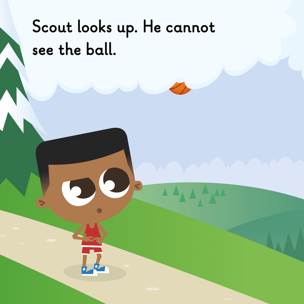 Learn phonics with Actiphons Bouncing Scout reading book page 3 Bouncing Scout has bounced his orange basketball so high it's gone up into the clouds