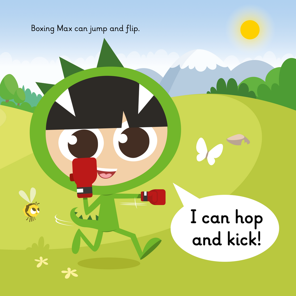 Learn phonics with Actiphons Boxing Max reading book page 1  Boxing Max is dressed up in his dinosaur costume wearing his red boxing gloves jumping through the meadow on a sunny day