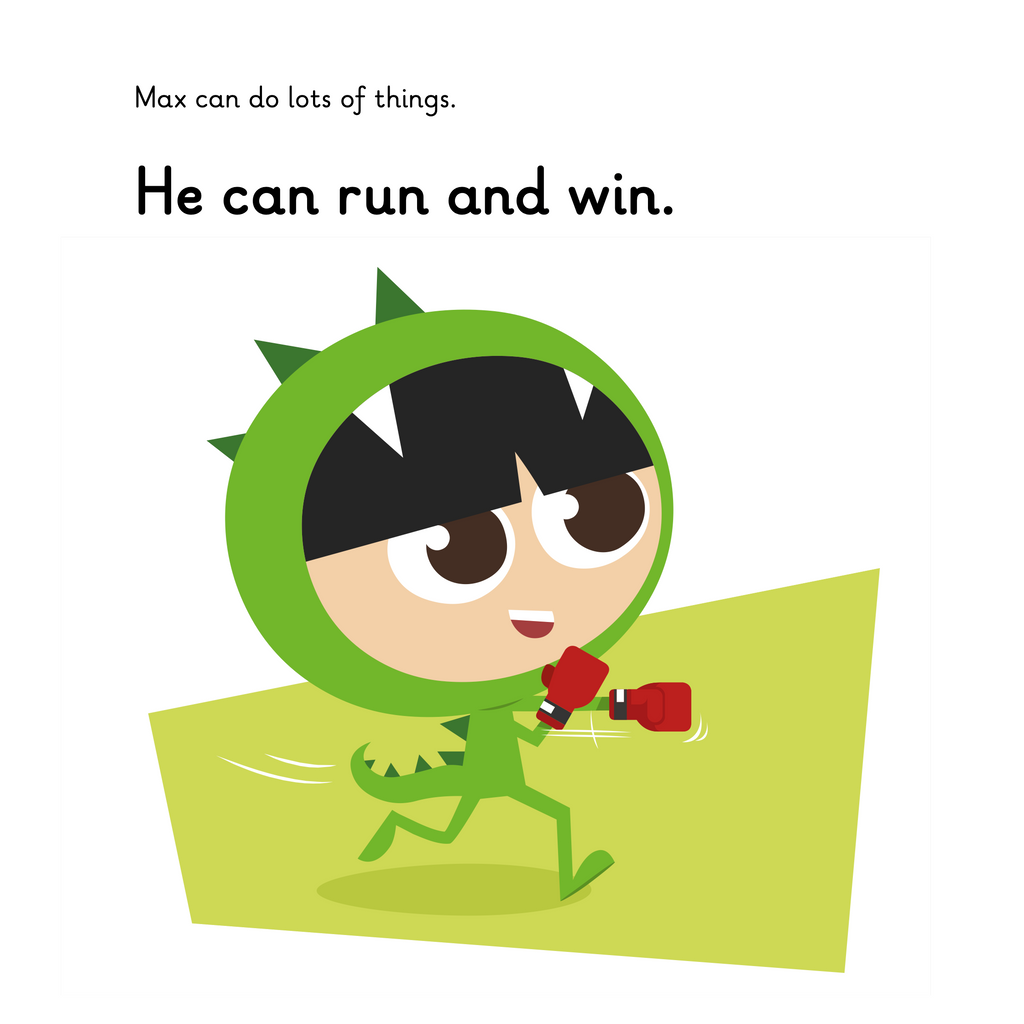 Learn phonics with Actiphons Boxing Max reading book page 2 Boxing Max is dressed in his dinosaur costume wearing his red boxing gloves jogging 