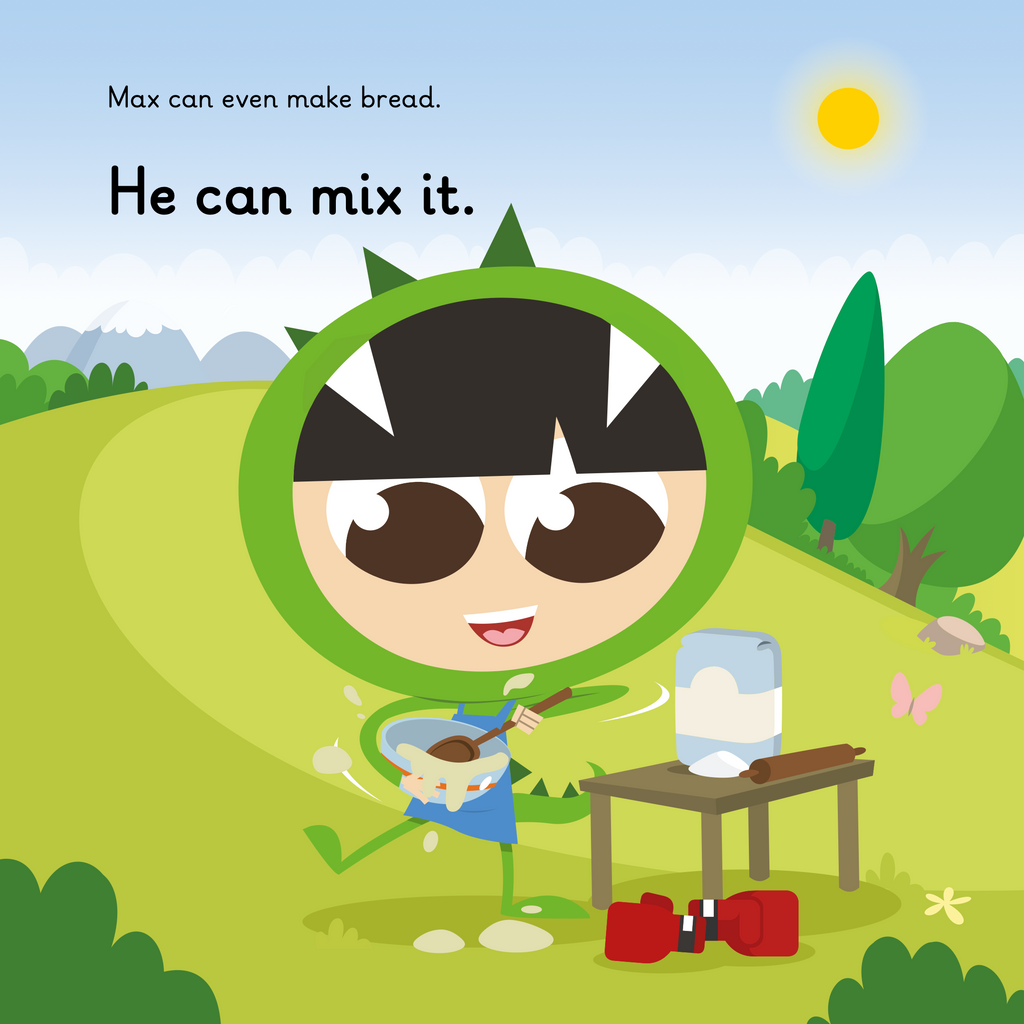 Learn phonics with Actiphons Boxing Max reading book page 3 Boxing Max is dressed in his dinosaur costume mixing a mixture in a bowl in the meadow
