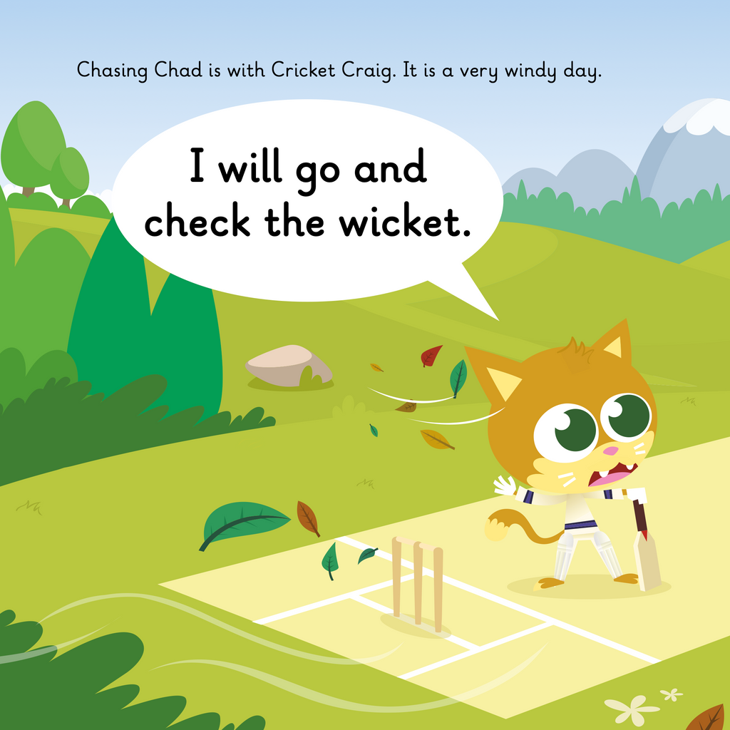 Learn phonics with Actiphons Chasing Chad reading book page 2 Chasing is playing cricket with Craig on a windy day and his hat has just blown off