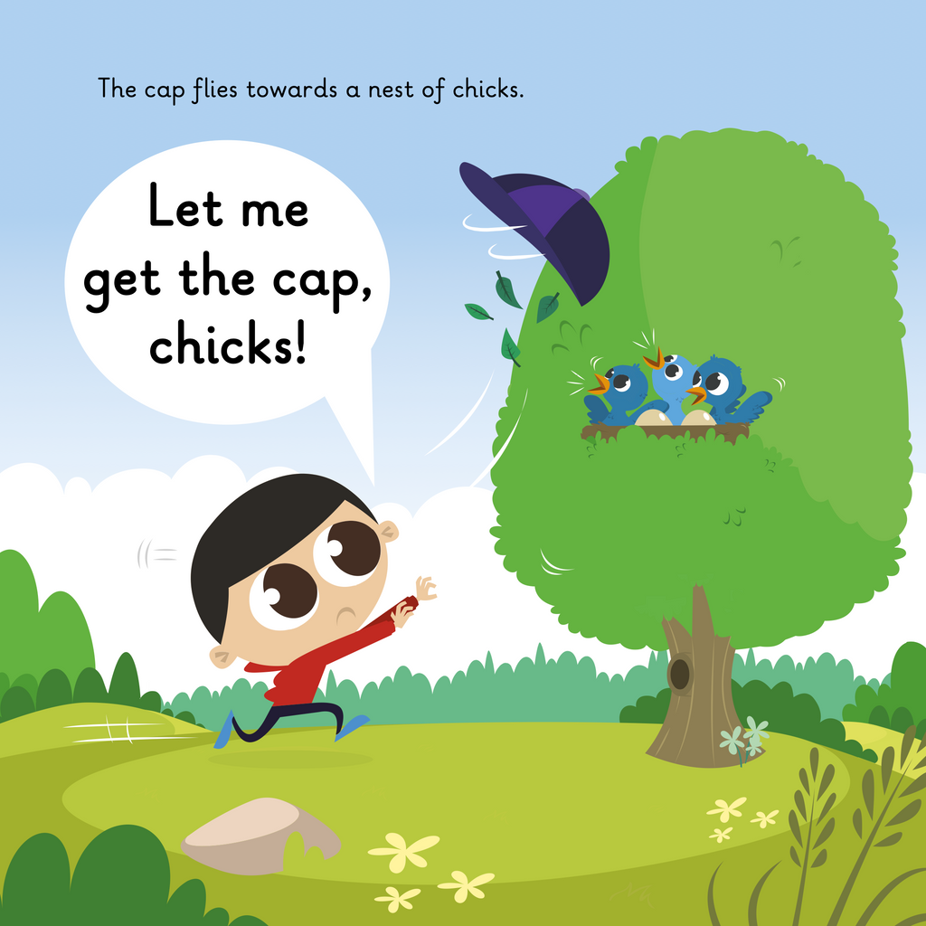 Learn phonics with Actiphons Chasing Chad reading book page 3 Chasing Chad is chasing a blue hat that is getting blown by the wind