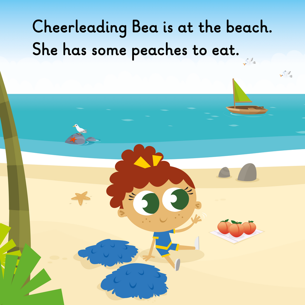 Learn phonics with Actiphons Cheerleading Bea reading book page 1 Cheerleading Bea is sat on the beach with some peaches and her blue pom poms looking out to sea