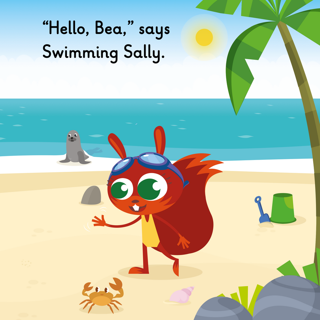 Learn phonics with Actiphons Cheerleading Bea reading book page 2  Swimming Sally has come to the beach and has brought her bucket and spade to say hello to Cheerleading Bea and they sea a crab and Seal