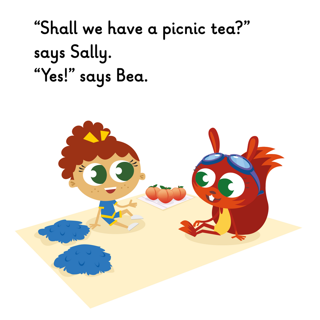 Learn phonics with Actiphons Cheerleading Bea reading book page 3 Cheerleading Bea and Swimming Sally sit down on a rug with some peaches and Cheerleading Bea's big blue pom poms