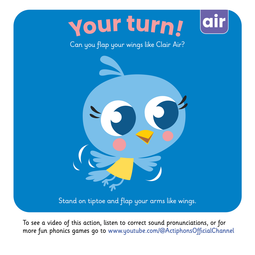 Learn phonics with Actiphons Clair Air 'air' sound reading book Your Turn page showing children how to tiptoe and flap your arms like wings like Clair Air