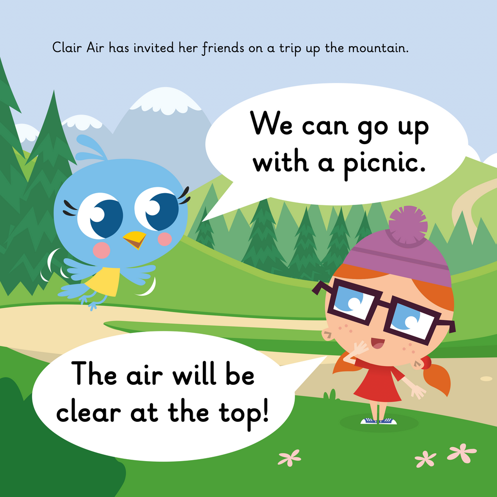 Learn phonics with Actiphons Clair Air reading book page 1 Clair Air going on a picnic up the mountain with her friend Incredible Isabelle