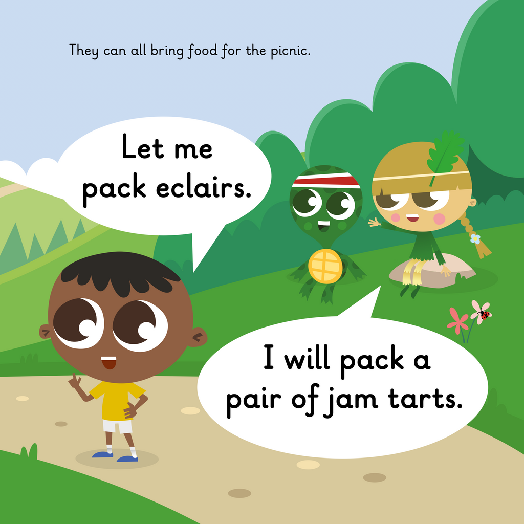 Learn phonics with Actiphons Clair Air reading book page 2 Olly Obstacle, Timmy Tennis and Adventure Annie talking about taking jam tarts on a picnic