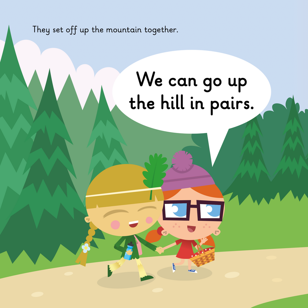 Learn phonics with Actiphons Clair Air reading book page 3 Annie and Isabelle walking in the mountains going on a picnic