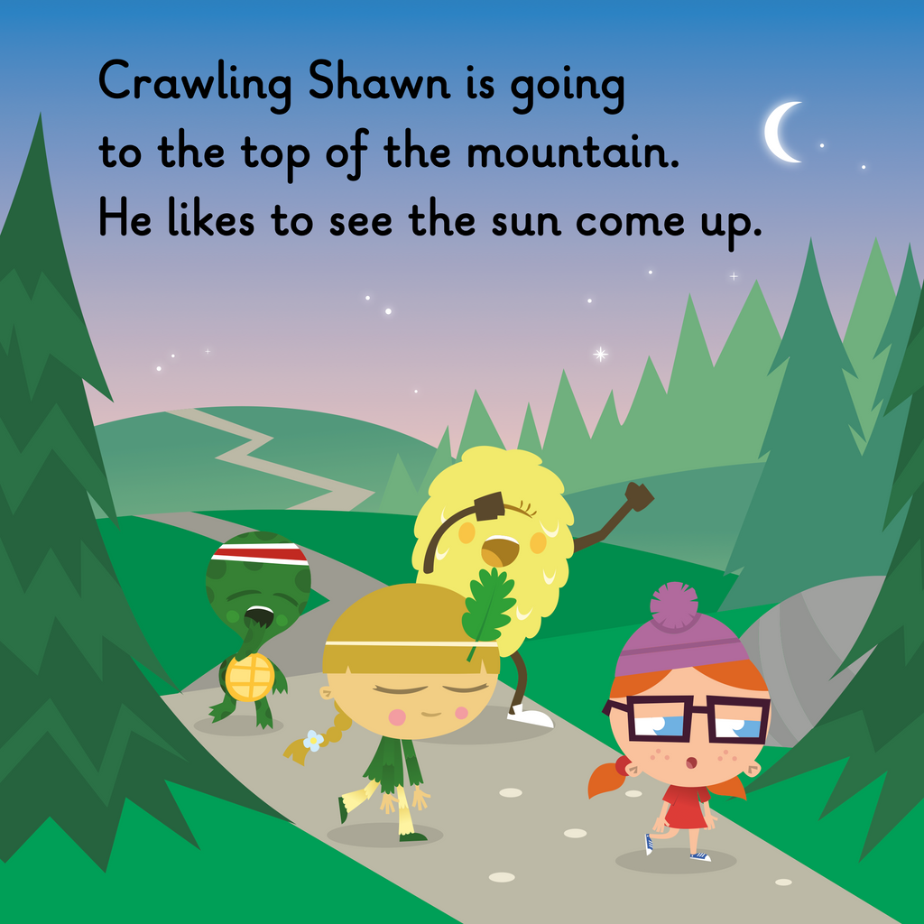 Learn phonics with Actiphons Crawling Shawn reading book page 1 Timmy Tennis, Adventure Annie, Netball Nelly and Incredible Isabelle are walking through the forest in the early morning to meet Crawling Shawn as he likes to see the sun rise