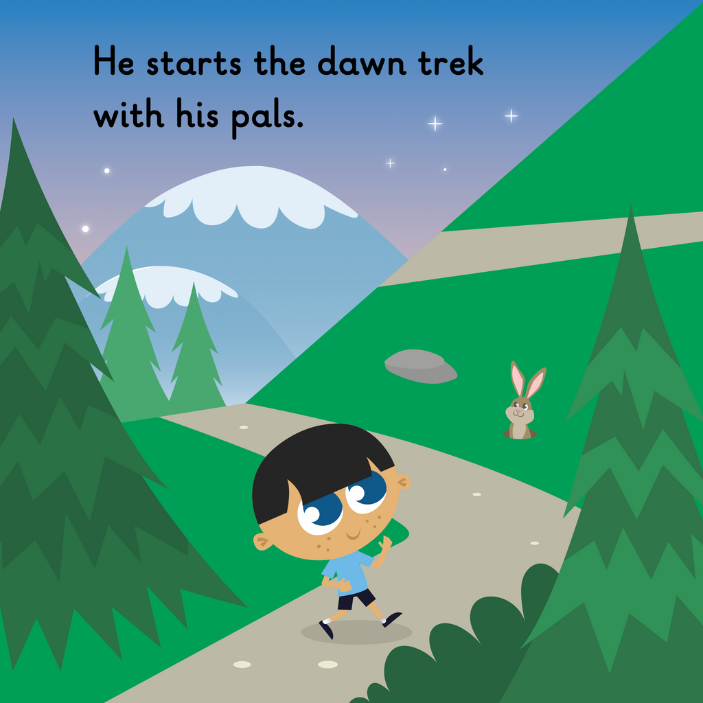 Learn phonics with Actiphons Crawling Shawn reading book page 2 Crawling Shawn is walking up the mountain through the trees and sees a rabbit along the way